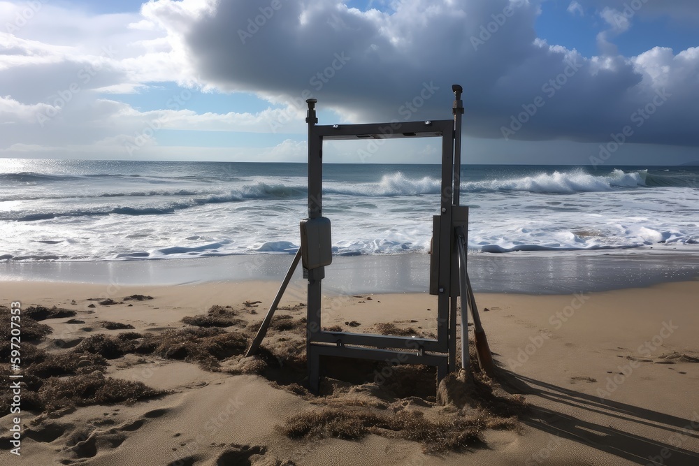 a metal detector frame with a view of the ocean, waves rolling in, created with generative ai