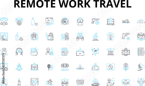 Remote work travel linear icons set. Digitalnomad, Telecommuting, Locationindependent, Travelabroad, Mobility, Workation, Roaming vector symbols and line concept signs. Wanderlust,Overseasjourney photo