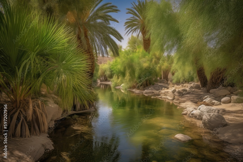 desert oasis with green palm trees and babbling brook, providing a tranquil setting, created with generative ai desert oasis with green palm trees and babbling brook, providing a tranquil setting, created with generative ai