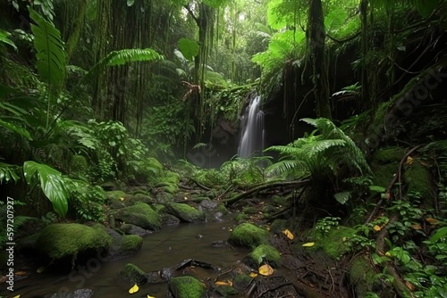 majestic waterfall  surrounded by lush greenery and jungle sounds  created with generative ai