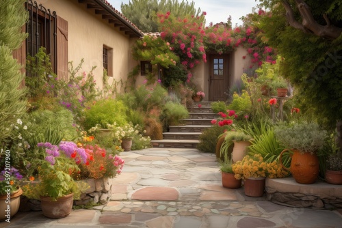 mediterrean house exterior with lush garden  colorful blooms and stone pathways  created with generative ai