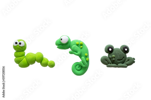 Plasticine frog, caterpillar, chameleon on a white background