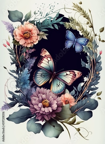 Watercolor colorful Butterfly Flowers Background  Generative AI.