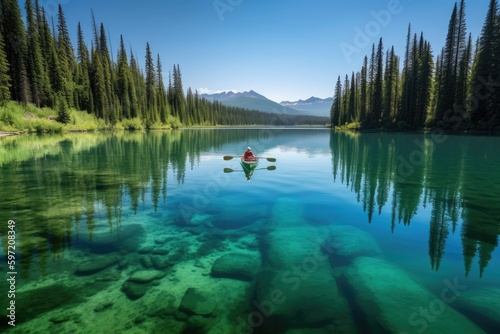 canoeist paddling through clear, serene lake, created with generative ai