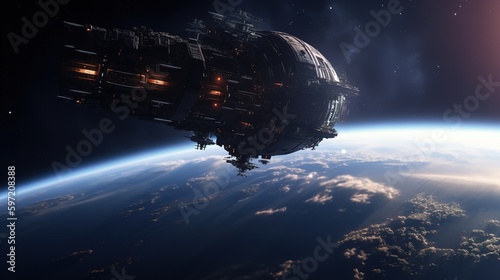 A huge spaceship flies over the planet in space. AI generation © Daria17