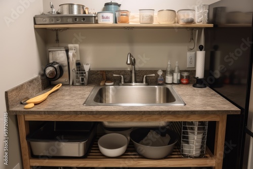 cleaning station with countertop for drying and storing dishes, utensils, and other equipment, created with generative ai