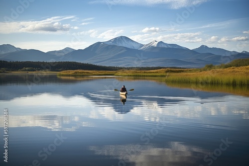 person, paddling canoe on tranquil lake, with mountain range in the background, created with generative ai