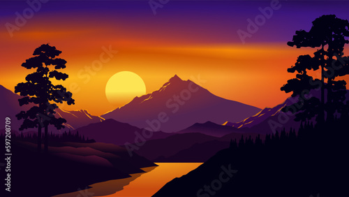 sunset over the mountains with river