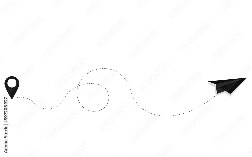 Paper plane and pin location design pattern, route to the destination by airplane. Vector illustration. Paper plane and pin location design pattern, route to the destination by airplane. Vector illustration.