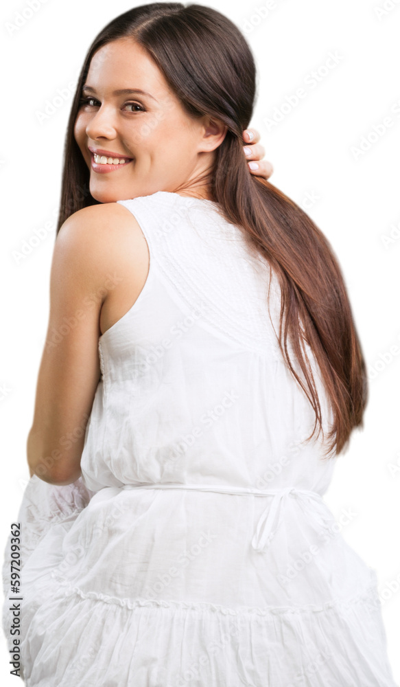 Smiling woman with white teeth looking for you Smiling woman with white teeth looking for you