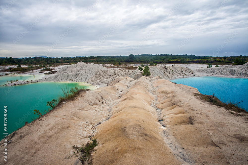 Exotica of Blue and Green Kaolin Lake in Bangka, Bangka Belitung, Indonesia. This lake is a former tin mining excavation area which is widely found on Bangka Island.