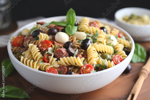 Super easy Pasta Salad tomatoes, fresh mozzarella, spicy salami with Italian dressing. AI generated