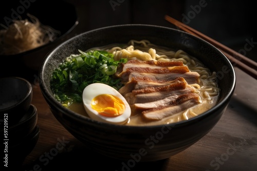 close-up of japanese tonkotsu ramen, with steamy broth and slow simmering noodles, created with generative ai