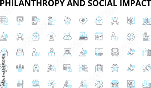 Philanthropy and social impact linear icons set. Charity, Giving, Donation, Volunteering, Impact, Community, Empowerment vector symbols and line concept signs. Sustainability,Equality,Justice