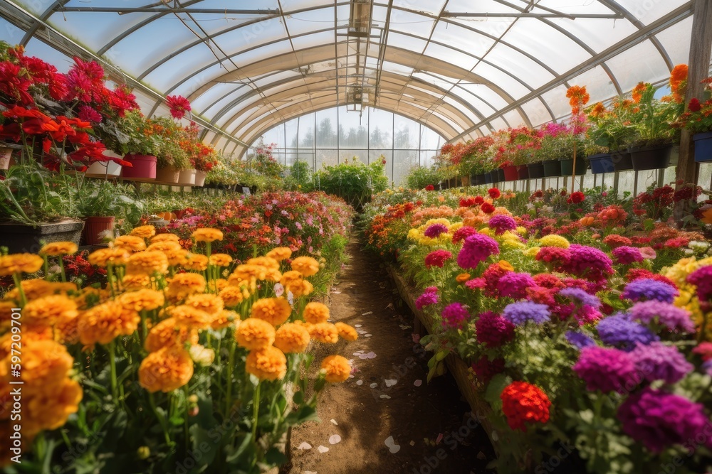 greenhouse surrounded by colorful blooming flowers, created with generative ai