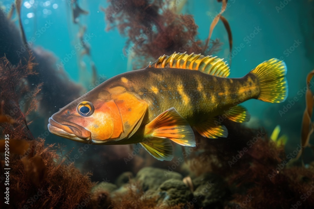 brilliantly colored fish swimming among kelp in warm waters, created with generative ai
