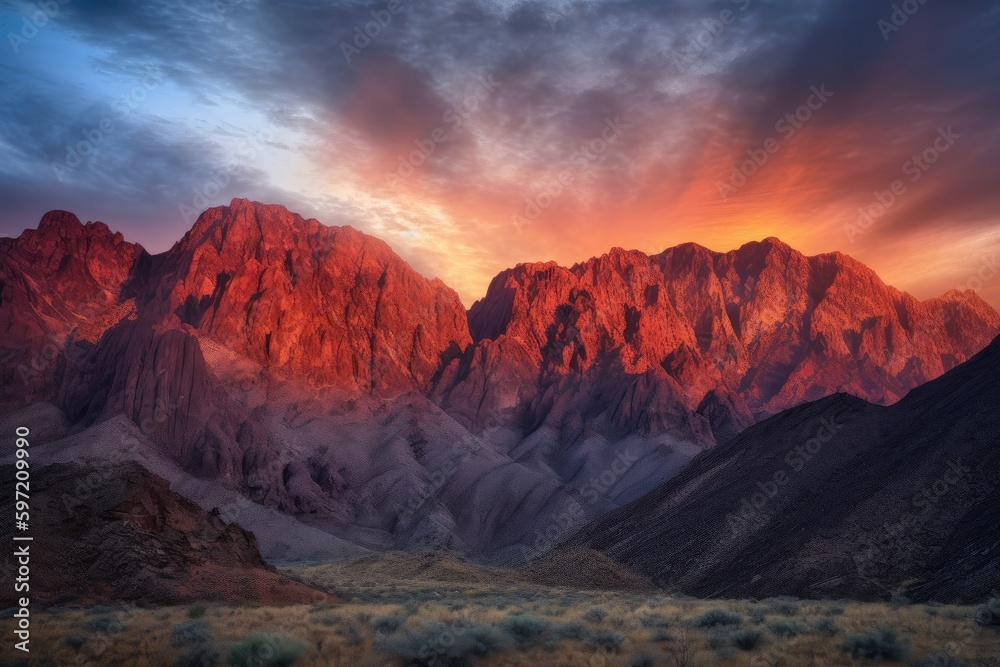 majestic mountain range, with fiery canyon sunsets in the background, created with generative ai