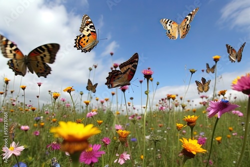 butterflies fluttering over blooming meadow, on their way to a new home, created with generative ai