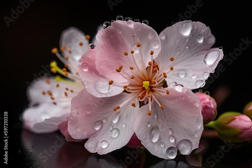 cherry blossom in full bloom, with dew drops on petals, created with generative ai