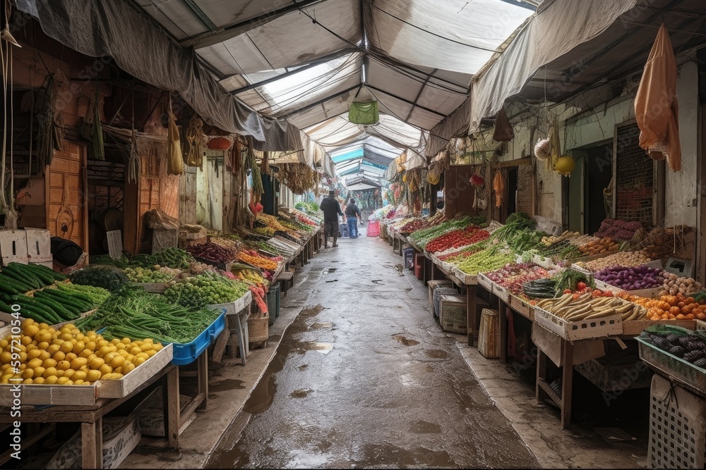 covered street market, with colorful stalls selling fresh produce and spices, created with generative ai