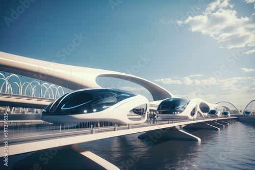 futuristic and conceptual bridge, with futuristic vehicles traveling across it, created with generative ai