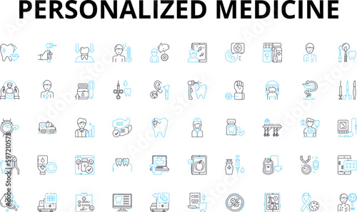 Personalized medicine linear icons set. Genomics, Pharmacogenomics, Biomarkers, Precision, Tailored, DNA, Individualized vector symbols and line concept signs. Therapy,Prognostic,Predictive