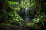 majestic waterfall cascading through lush tropical jungle, created with generative ai