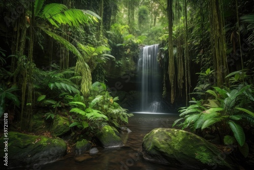 majestic waterfall cascading through lush tropical jungle, created with generative ai