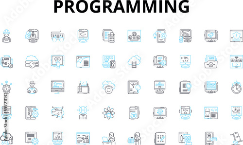 Programming linear icons set. Debugging, Syntax, Function, Algorithm, Compiler, Loop, Variable vector symbols and line concept signs. Code,Framework,Paradigm illustration