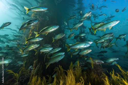 large school of fish swimming among the kelp, created with generative ai