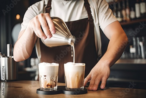 barista  stirring creamy mix of cold brew coffee and milk for iced latte  created with generative ai