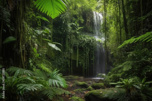 majestic waterfall cascading over lush jungle foliage, created with generative ai