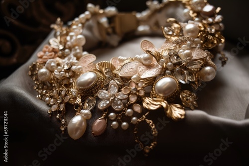 elegant jewelry piece with pearls, crystals, and gold accents, created with generative ai