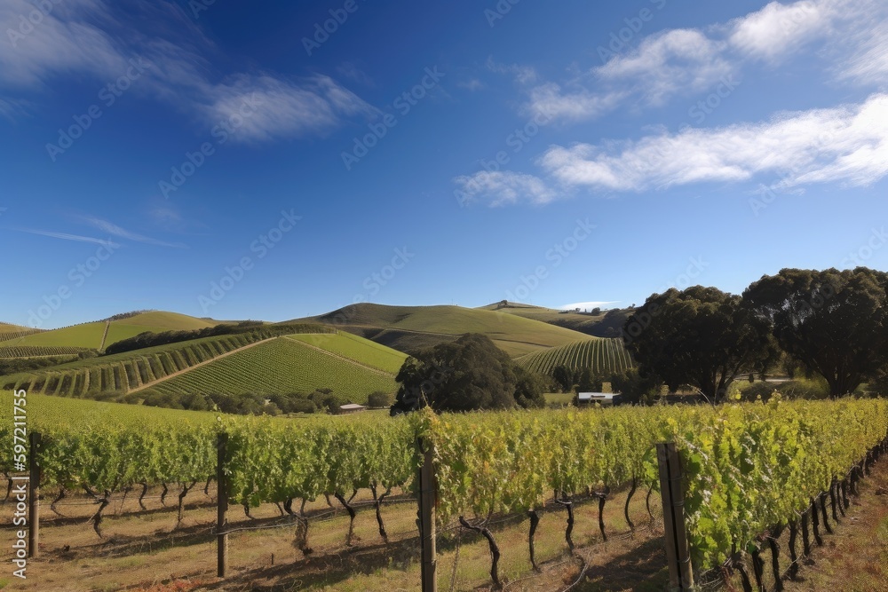 Fototapeta premium vineyard surrounded by rolling hills and blue sky, created with generative ai