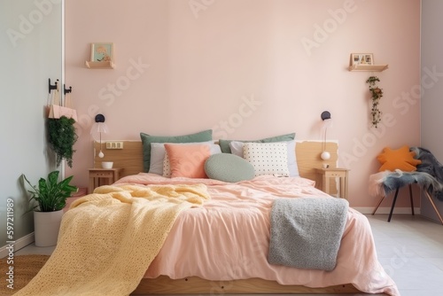 lofi bedroom with pastel colors and plush bedding  created with generative ai