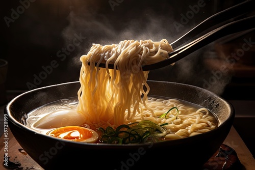 close-up of slurping ramen, with steam rising from the hot broth, created with generative ai photo