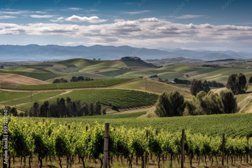vineyard with view of rolling hills and distant mountains, created with generative ai