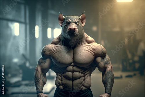 anthropomorphic kneaded out muscular rat workout in gym, Generative AI