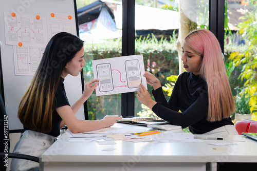 Female ux developer and ui designer brainstorming about mobile app interface wireframe design. App developer team meeting about screen display prototype layout for smartphone, ui, ux concept.