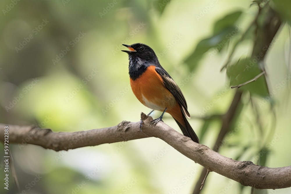male redstart bird perched on tree branch, singing, created with generative ai male redstart bird perched on tree branch, singing, created with generative ai