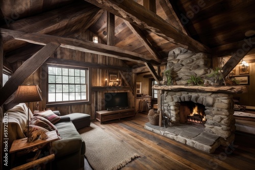 cozy cabin retreat with charming rustic decor, including exposed wooden beams and stone fireplaces, created with generative ai