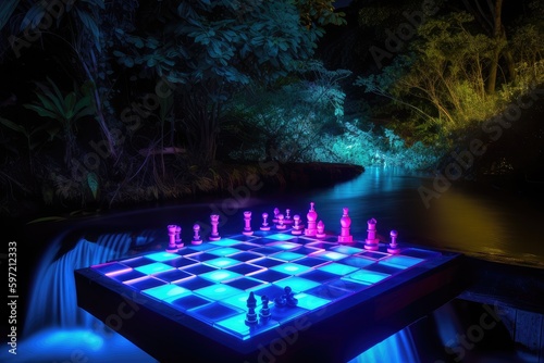 Vászonkép neon chess board in a serene setting, with babbling brook and waterfall in the b