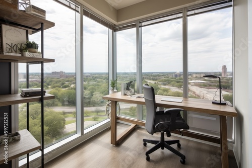 office with ergonomic furniture  natural light  and inspirational view  created with generative ai