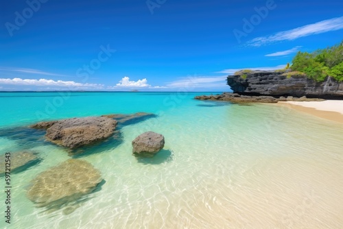 tropical beach with crystal-clear water and white sand, created with generative ai