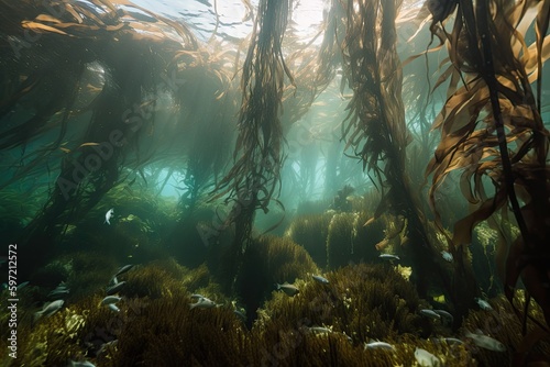 close-up of kelp forest with schools of fish swimming among the strands  created with generative ai