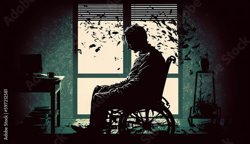 The man is sitting in a wheelchair. Silhouette of a depressed man in a wheelchair. Depression, loneliness. Generative AI