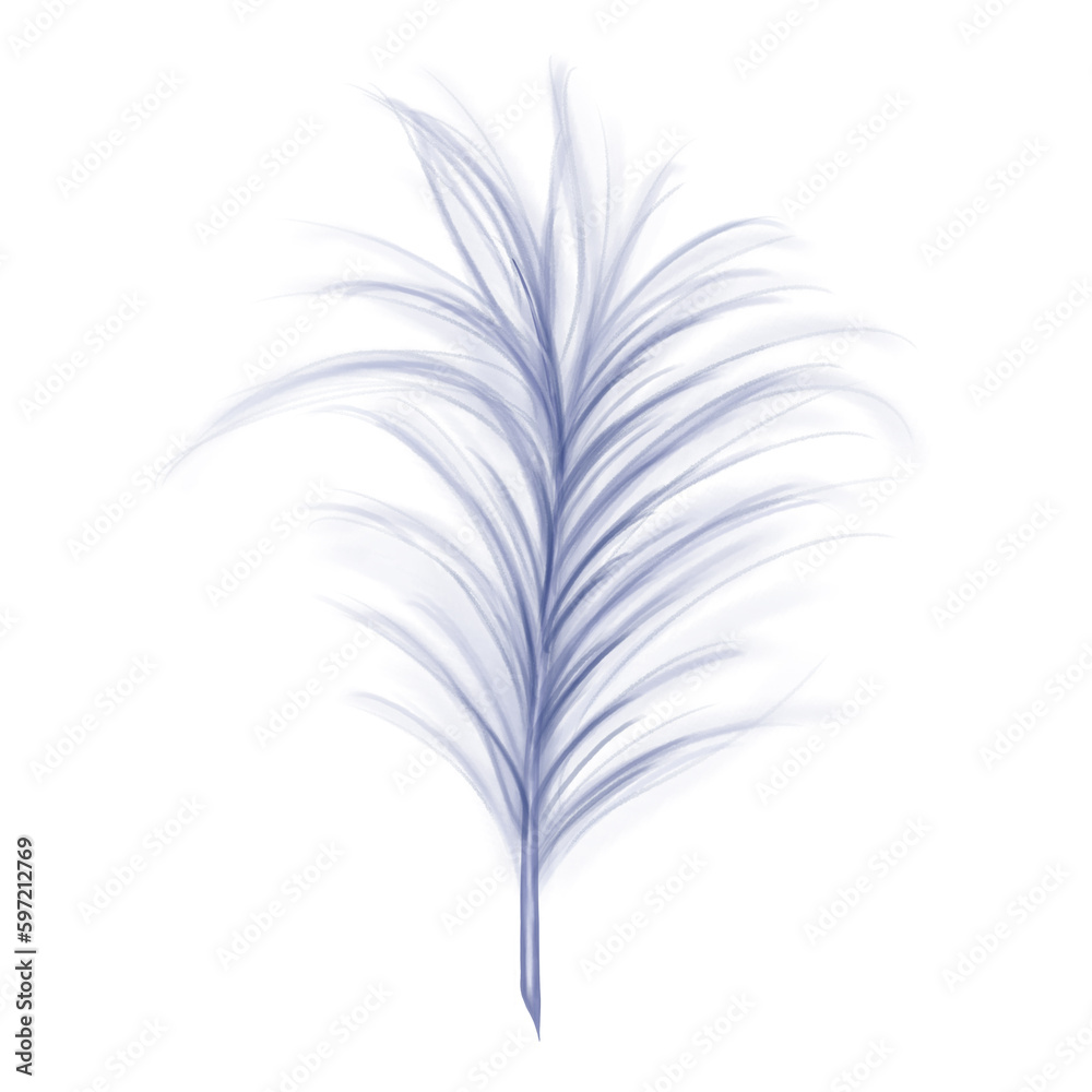 Elegant fluffy bluish feather of a swan, goose. Decorative element for theatrical costumes, carnival outfits, hats, bouquets of flowers and souvenirs. Digital illustration on a white background Elegant fluffy bluish feather of a swan, goose. Decorative element for theatrical costumes, carnival outfits, hats, bouquets of flowers and souvenirs. Digital illustration on a white background