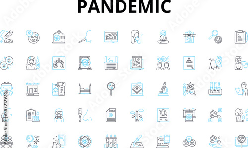 Pandemic linear icons set. Virus, Quarantine, Lockdown, Social distancing, Contagion, Outbreak, PPE vector symbols and line concept signs. Epidemiology,Asymptomatic,Contact tracing illustration