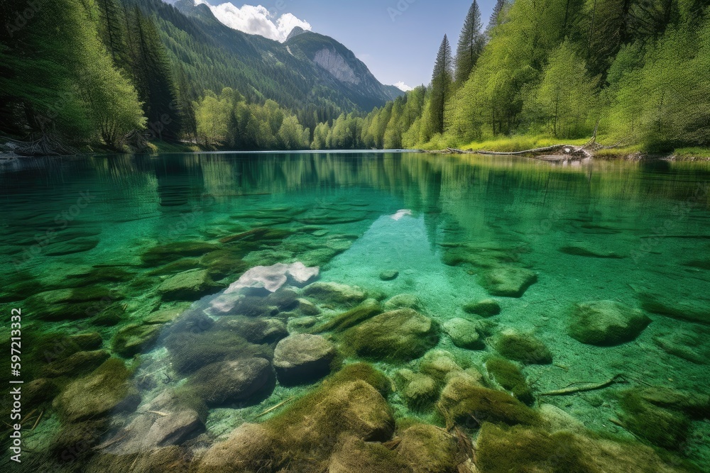 crystal-clear lake, with view of the surrounding mountains and forests, created with generative ai