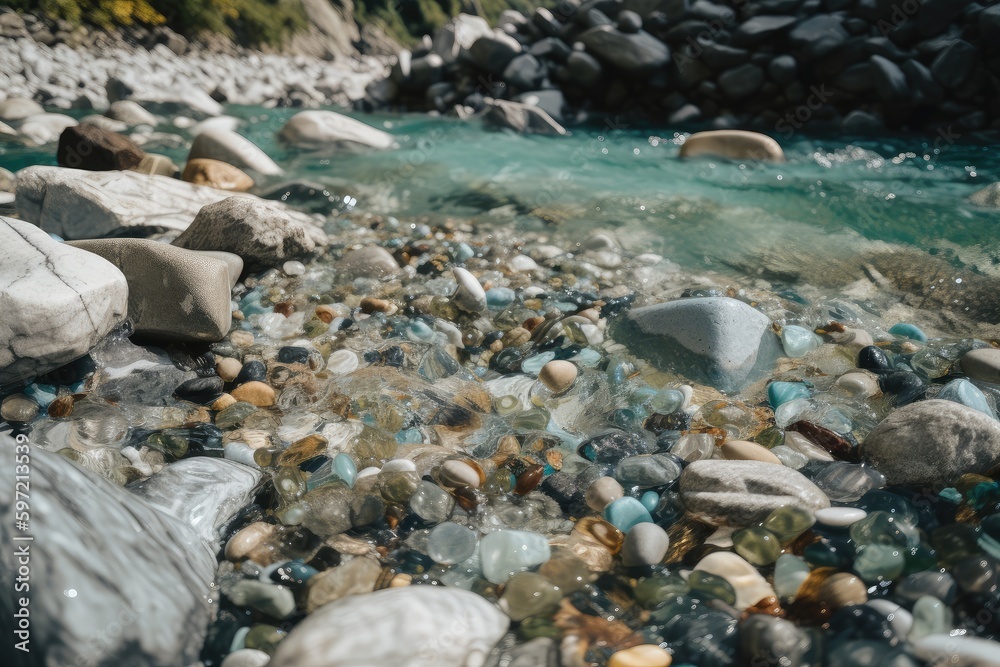 microplastic pollution in rivers, with microplastics visible among water and rocks, created with generative ai